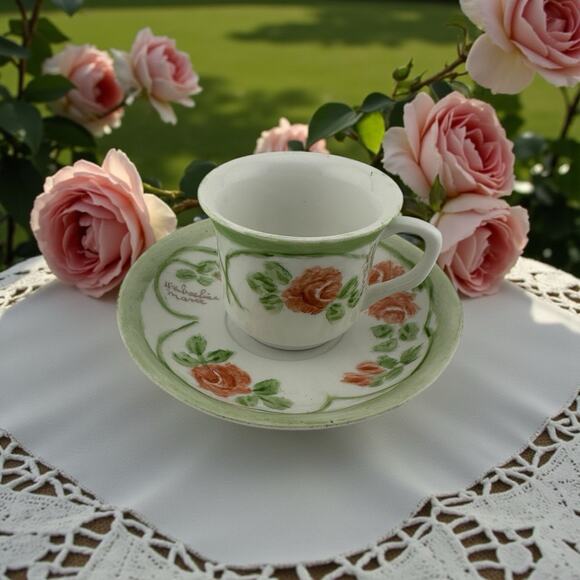 Vintage Hand Painted Mini Teacup and Saucer Signed Porcelain Floral - Picture 1 of 9